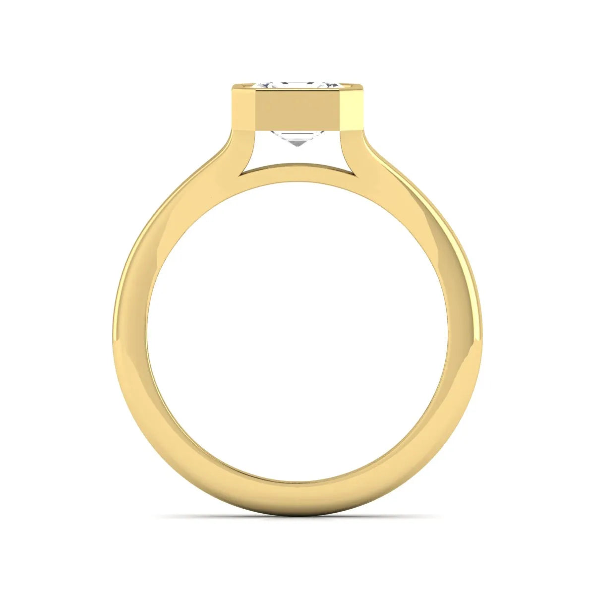 Asscher cut lab grown diamond bezel set split shank engagement ring in yellow gold design.