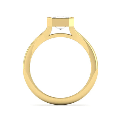 Asscher cut lab grown diamond bezel set split shank engagement ring in yellow gold design.