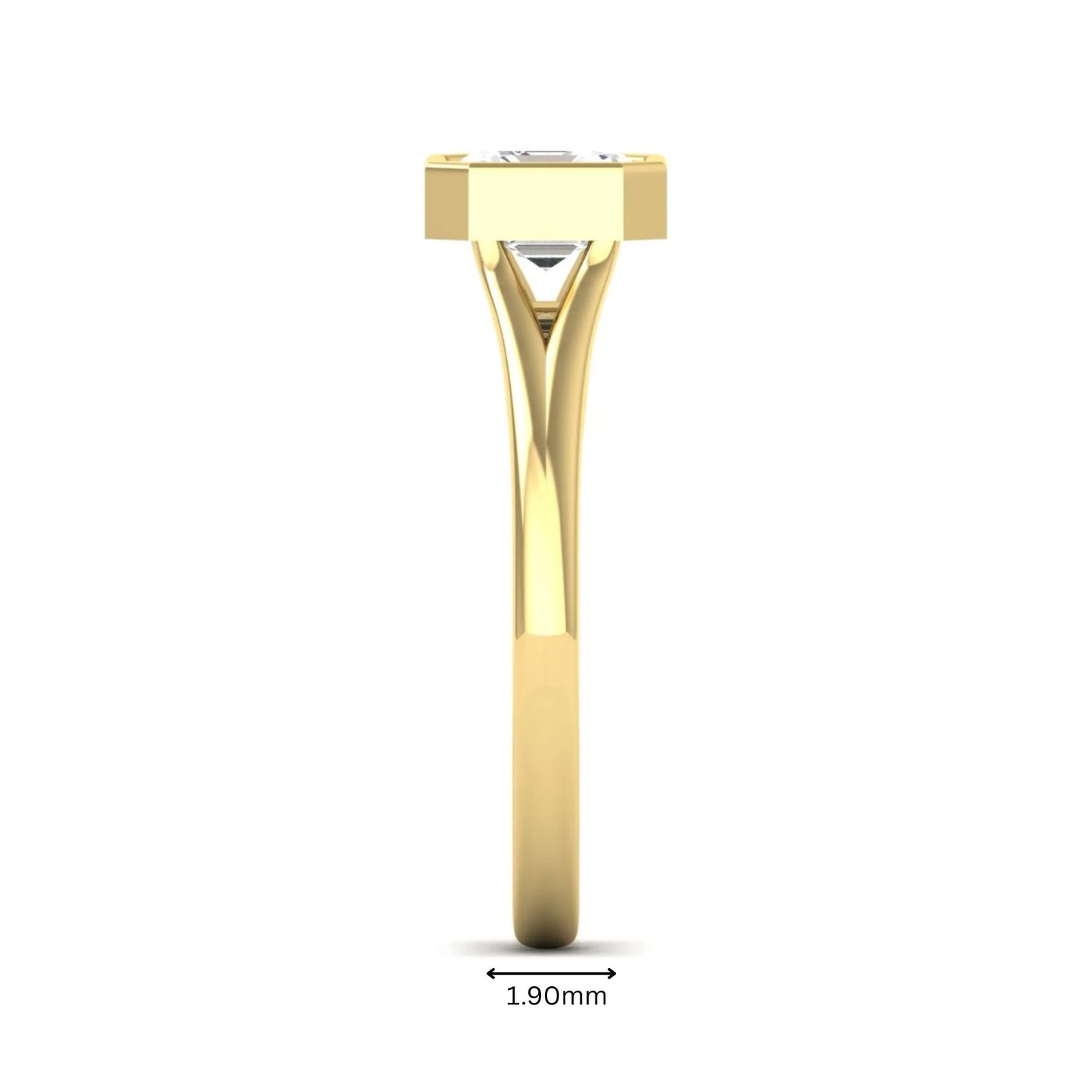 Asscher cut lab grown diamond bezel set split shank engagement ring in yellow gold design.