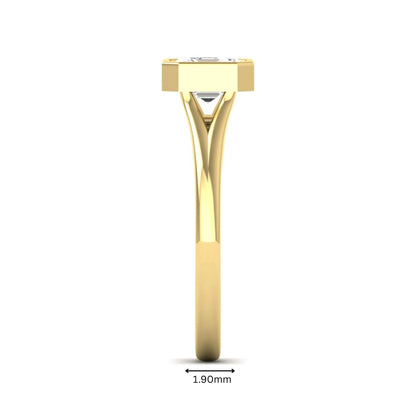 Asscher cut lab grown diamond bezel set split shank engagement ring in yellow gold design.