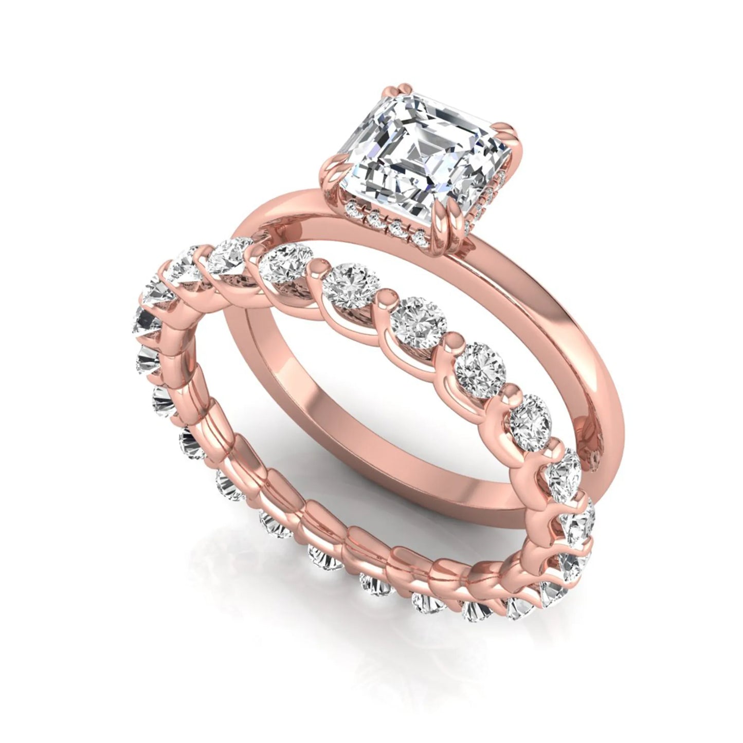 Asscher cut lab grown diamond bridal ring set featuring a four-prong solitaire engagement ring with a matching round diamond wedding band in rose gold tone.