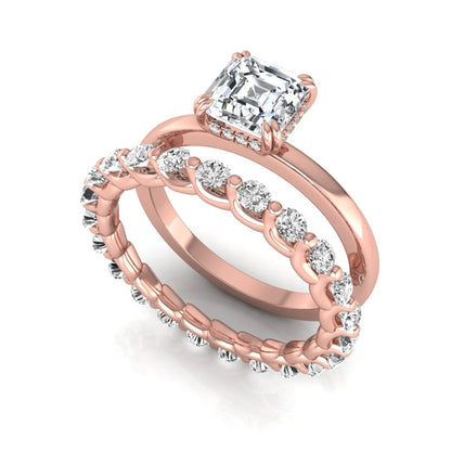 Asscher cut lab grown diamond bridal ring set featuring a four-prong solitaire engagement ring with a matching round diamond wedding band in rose gold tone.