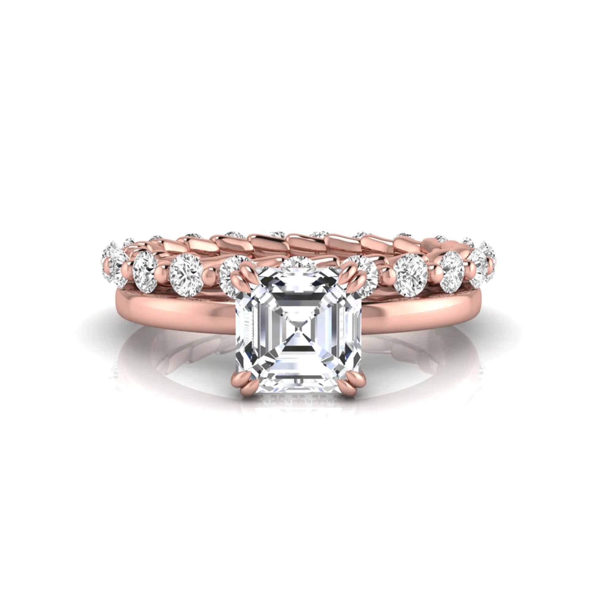Asscher cut lab grown diamond bridal ring set featuring a four-prong solitaire engagement ring with a matching round diamond wedding band in rose gold tone.