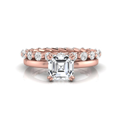 Asscher cut lab grown diamond bridal ring set featuring a four-prong solitaire engagement ring with a matching round diamond wedding band in rose gold tone.