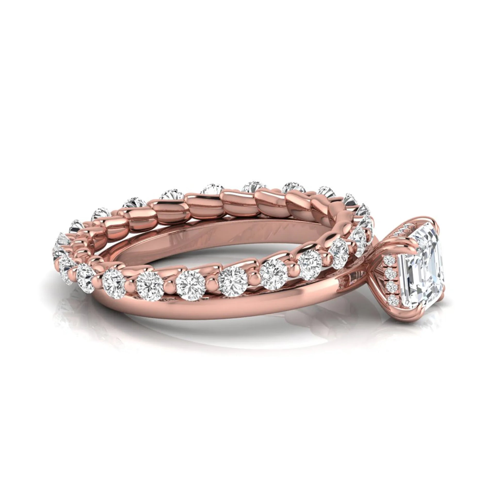 Asscher cut lab grown diamond bridal ring set featuring a four-prong solitaire engagement ring with a matching round diamond wedding band in rose gold tone.