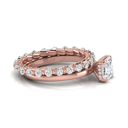 Asscher cut lab grown diamond bridal ring set featuring a four-prong solitaire engagement ring with a matching round diamond wedding band in rose gold tone.