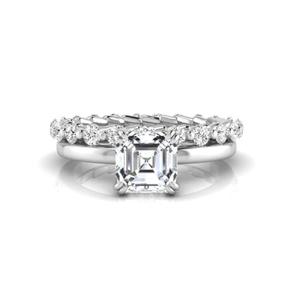 Asscher cut lab grown diamond bridal ring set featuring a four-prong solitaire engagement ring with a matching round diamond wedding band in white gold tone.