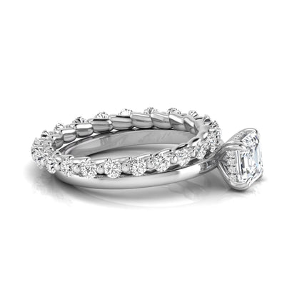 Asscher cut lab grown diamond bridal ring set featuring a four-prong solitaire engagement ring with a matching round diamond wedding band in white gold tone.