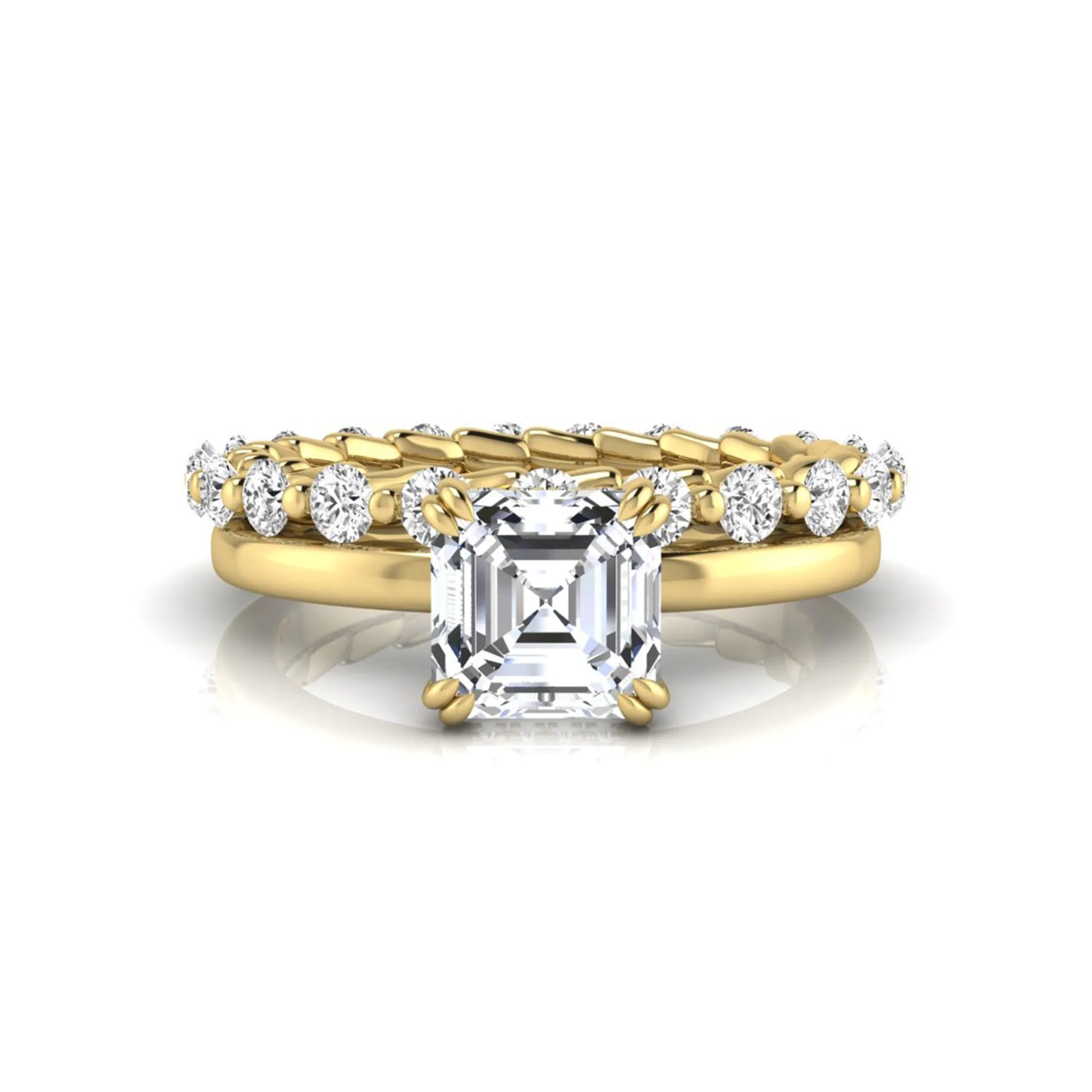 Asscher cut lab grown diamond bridal ring set featuring a four-prong solitaire engagement ring with a matching round diamond wedding band in yellow gold tone.