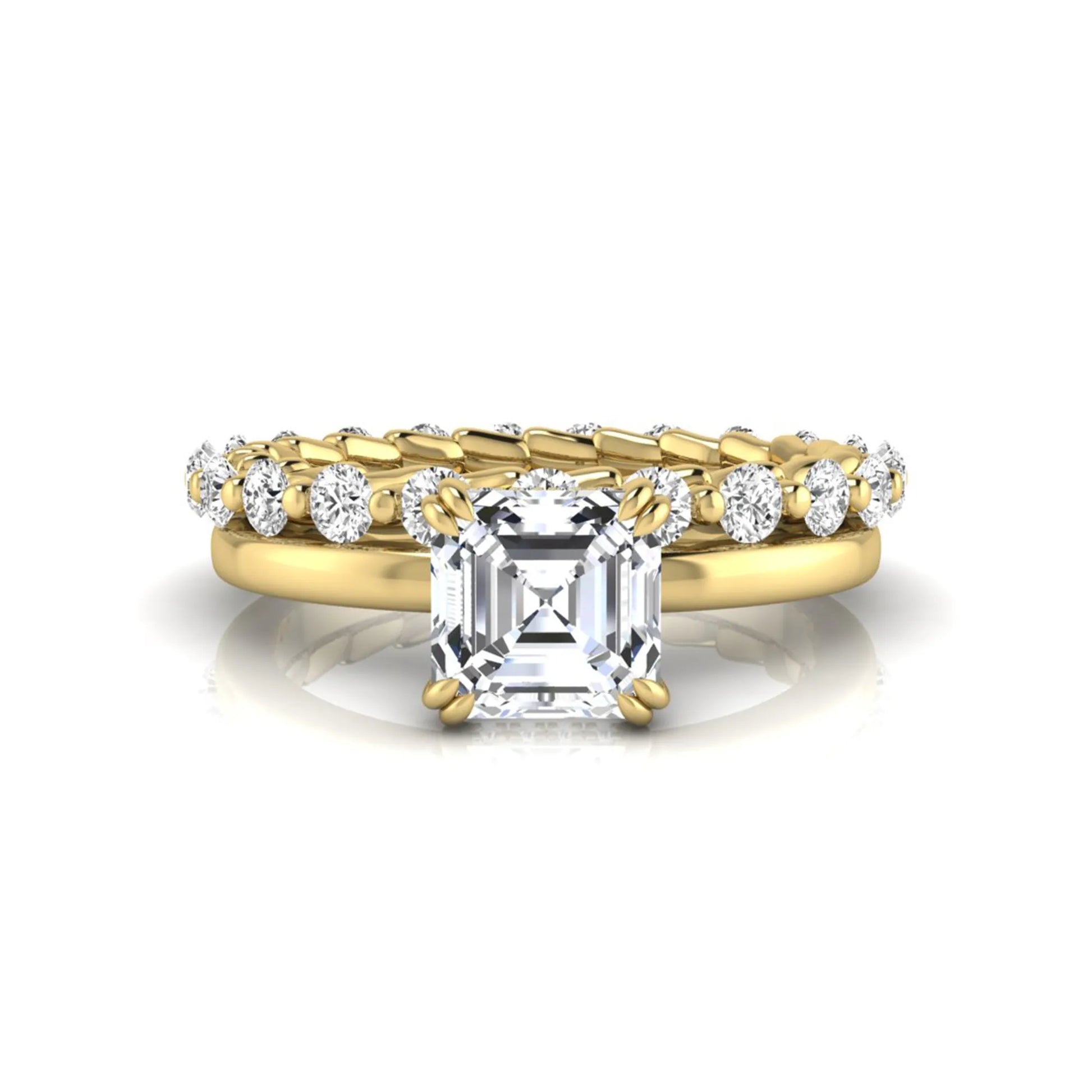 Asscher cut lab grown diamond bridal ring set featuring a four-prong solitaire engagement ring with a matching round diamond wedding band in yellow gold tone.