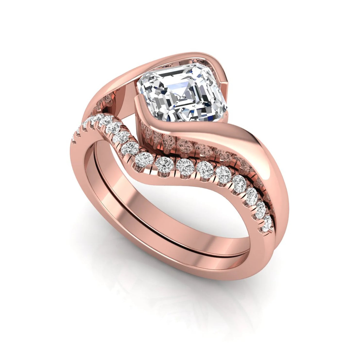 Asscher cut lab grown diamond bridal ring set with pavé contour wedding band in rose gold metal tone.