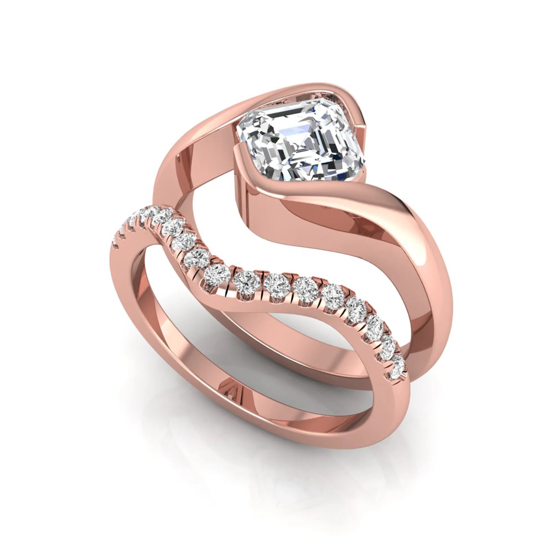Asscher cut lab grown diamond bridal ring set with pavé contour wedding band in rose gold metal tone.