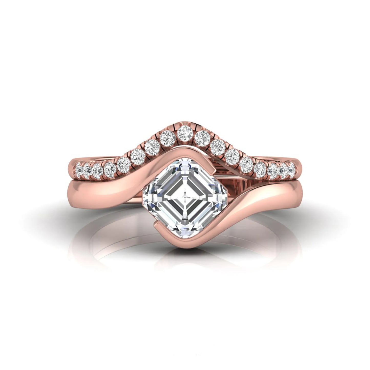 Asscher cut lab grown diamond bridal ring set with pavé contour wedding band in rose gold metal tone.