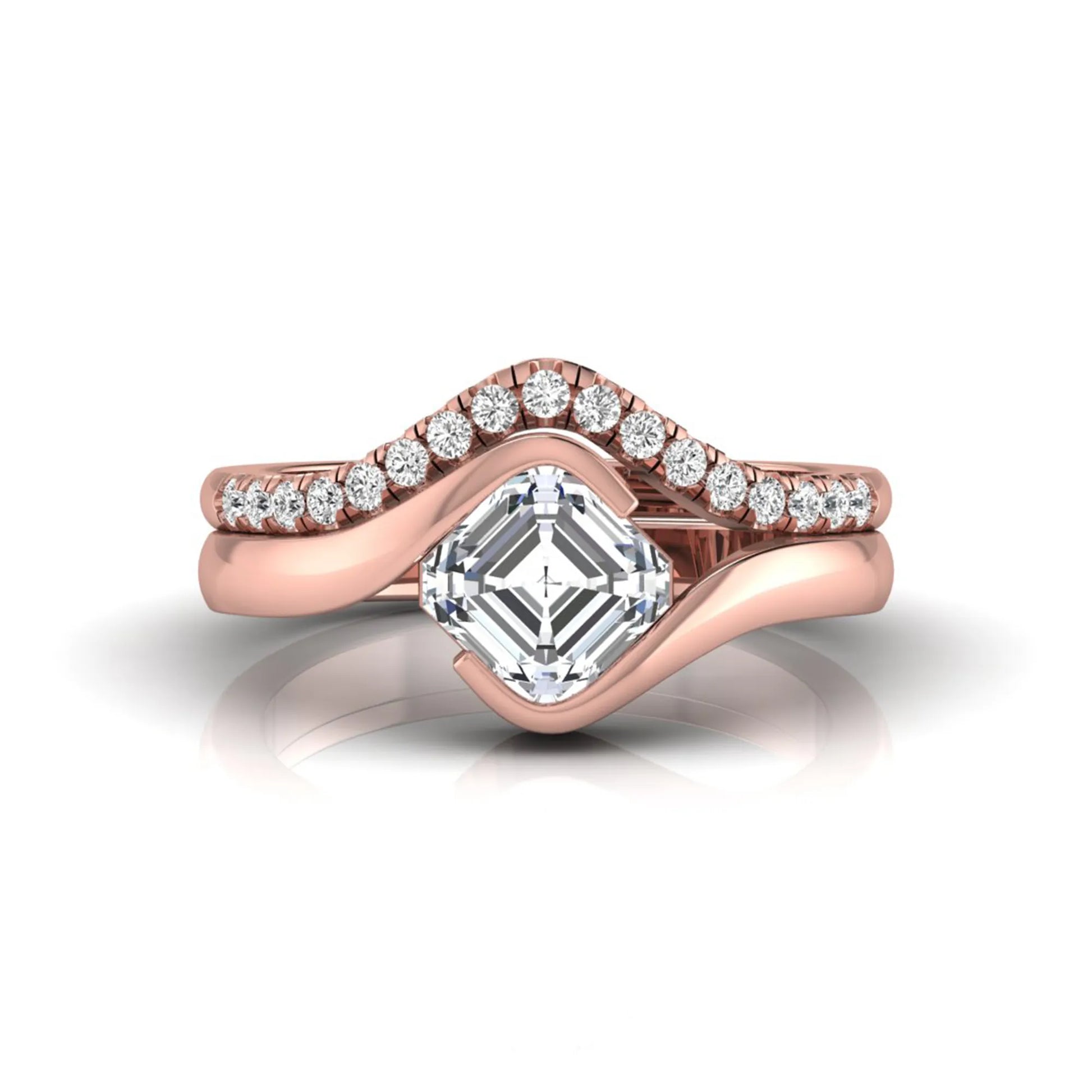 Asscher cut lab grown diamond bridal ring set with pavé contour wedding band in rose gold metal tone.