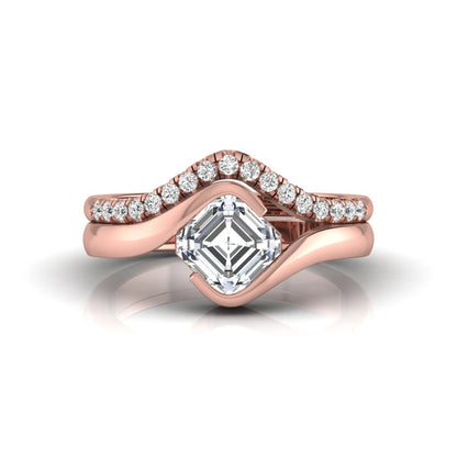 Asscher cut lab grown diamond bridal ring set with pavé contour wedding band in rose gold metal tone.