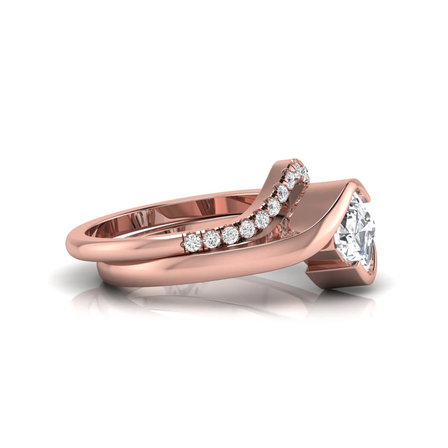 Asscher cut lab grown diamond bridal ring set with pavé contour wedding band in rose gold metal tone.