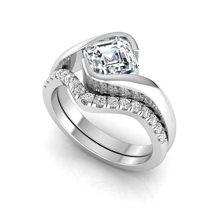 Asscher cut lab grown diamond bridal ring set with pavé contour wedding band in white gold metal tone.
