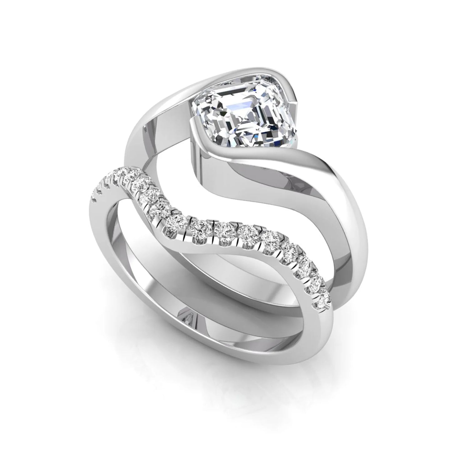 Asscher cut lab grown diamond bridal ring set with pavé contour wedding band in white gold metal tone.