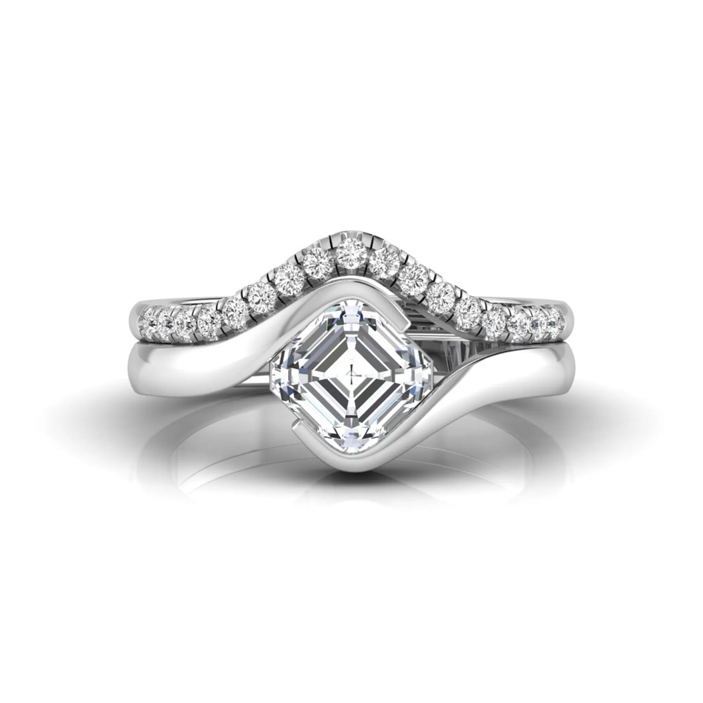 Asscher cut lab grown diamond bridal ring set with pavé contour wedding band in white gold metal tone.