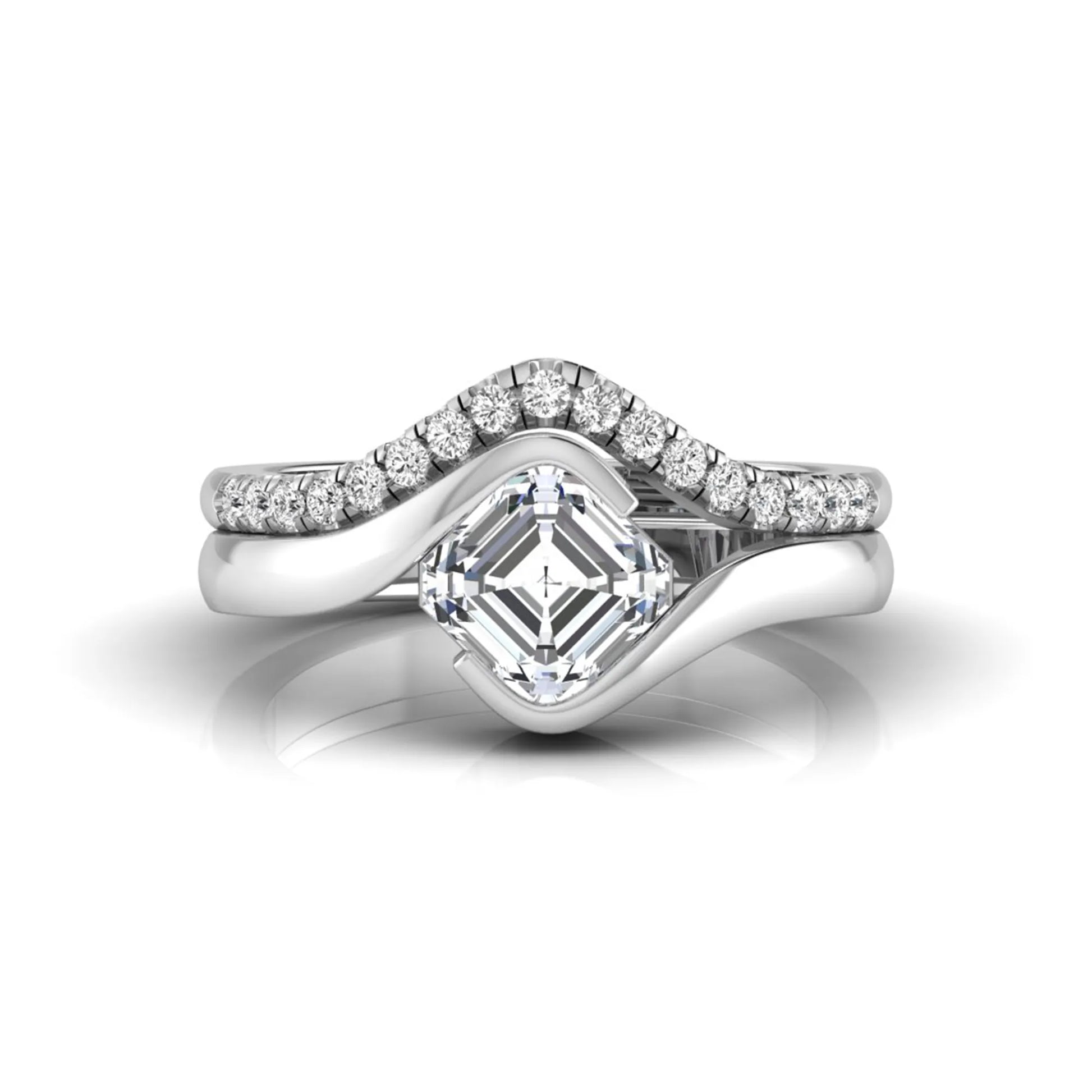 Asscher cut lab grown diamond bridal ring set with pavé contour wedding band in white gold metal tone.