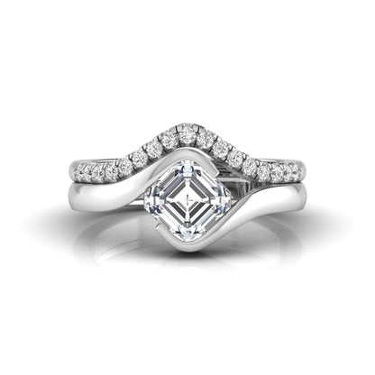 Asscher cut lab grown diamond bridal ring set with pavé contour wedding band in white gold metal tone.