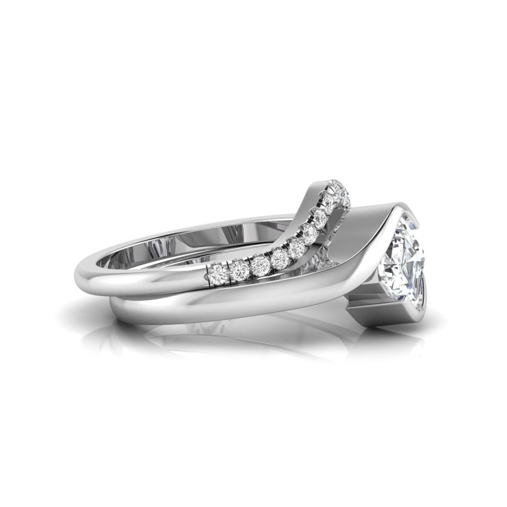 Asscher cut lab grown diamond bridal ring set with pavé contour wedding band in white gold metal tone.