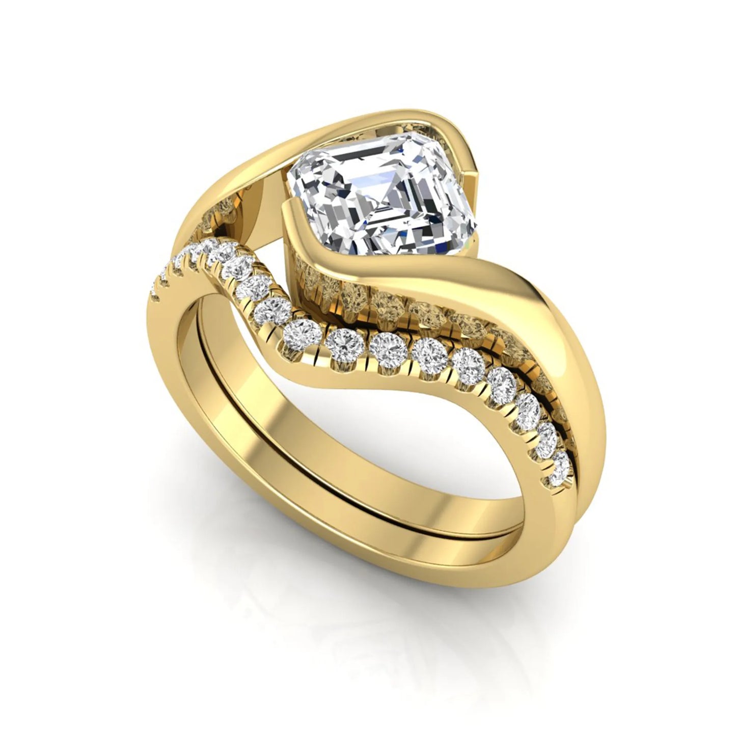 Asscher cut lab grown diamond bridal ring set with pavé contour wedding band in yellow gold metal tone.