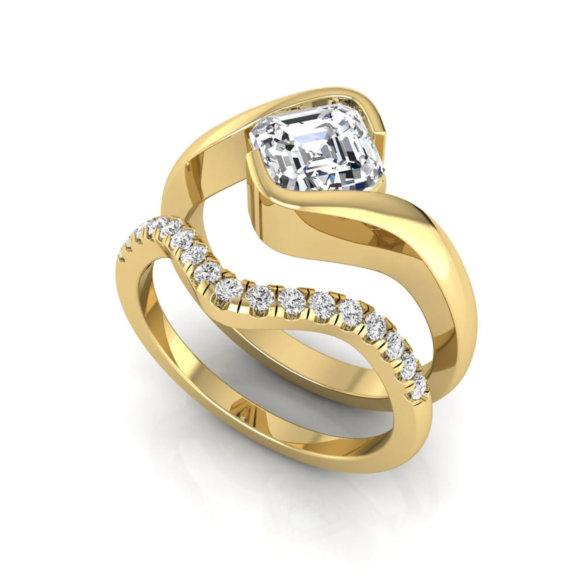 Asscher cut lab grown diamond bridal ring set with pavé contour wedding band in yellow gold metal tone.