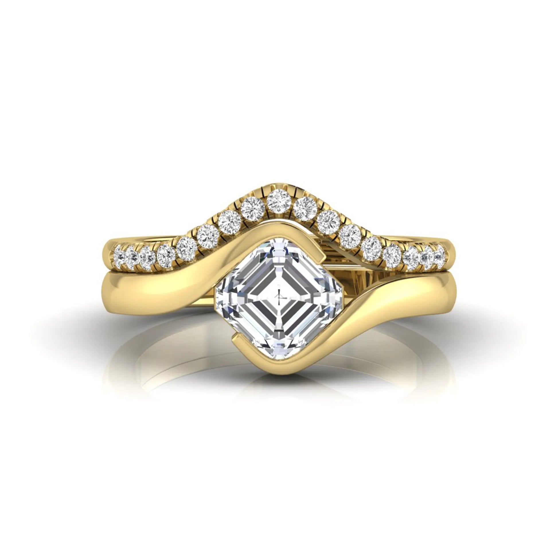 Asscher cut lab grown diamond bridal ring set with pavé contour wedding band in yellow gold metal tone.