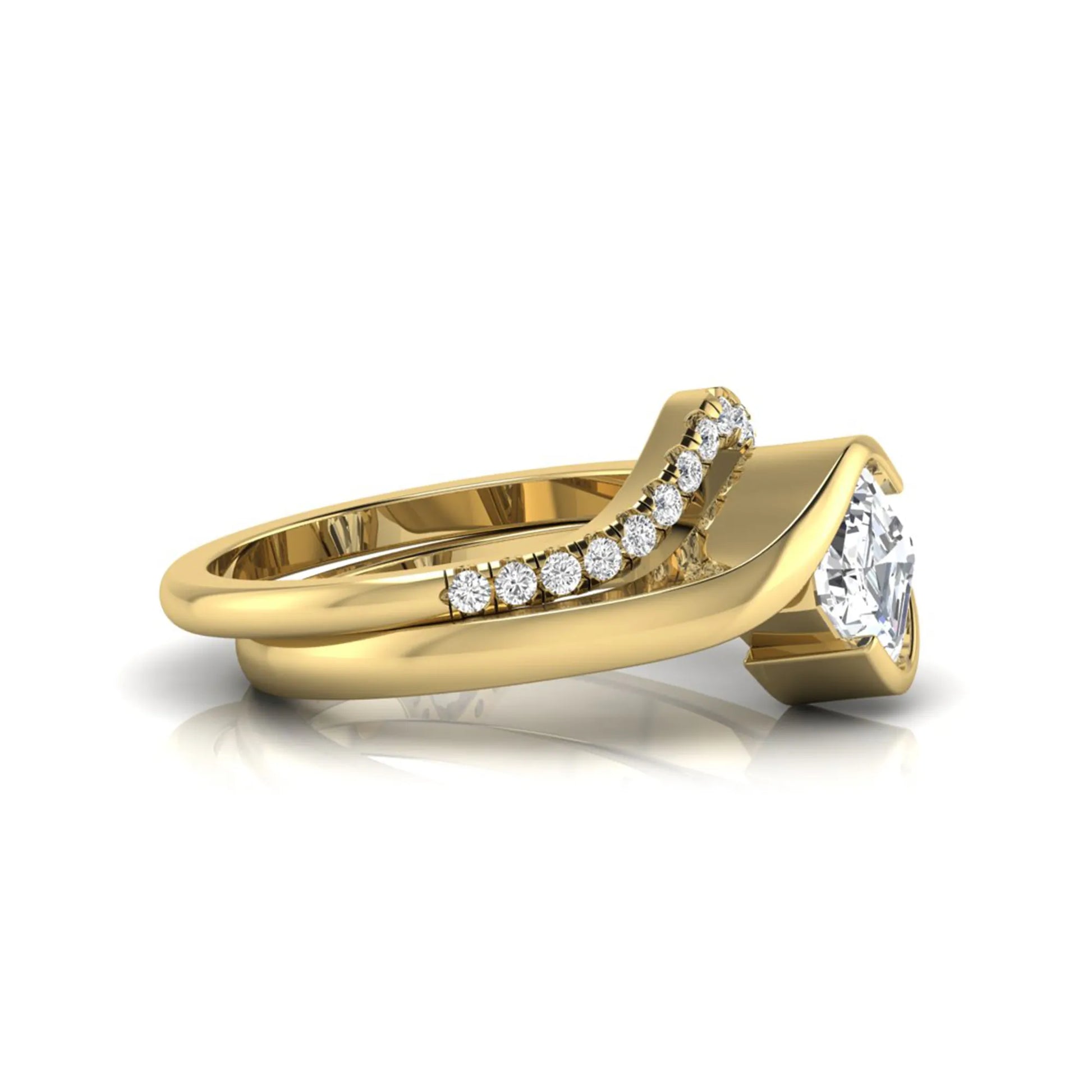 Asscher cut lab grown diamond bridal ring set with pavé contour wedding band in yellow gold metal tone.