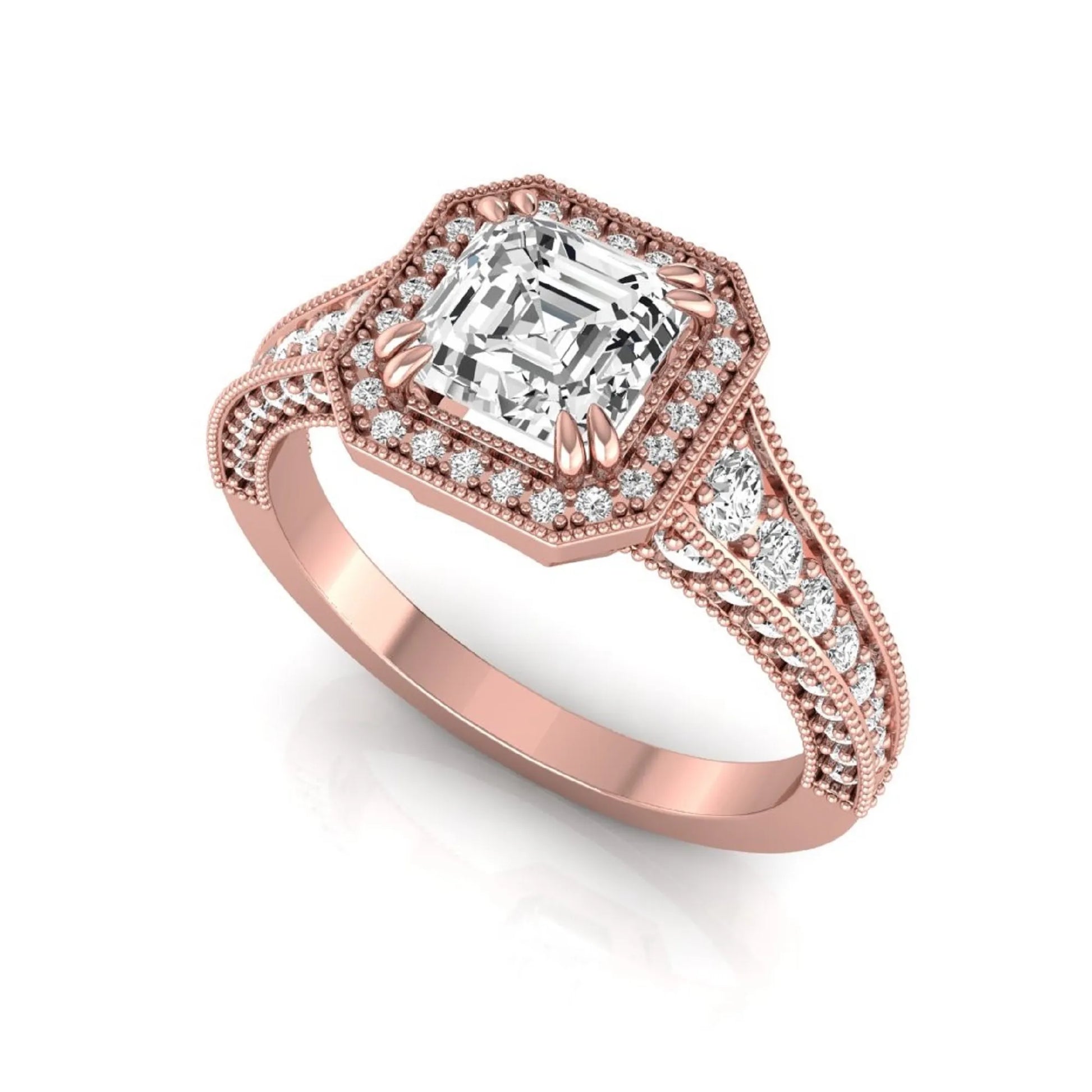 Asscher cut lab grown diamond halo engagement ring featuring a 1.15 carat IGI certified center diamond with round diamond halo, milgrain detailing, and side diamonds in rose gold.