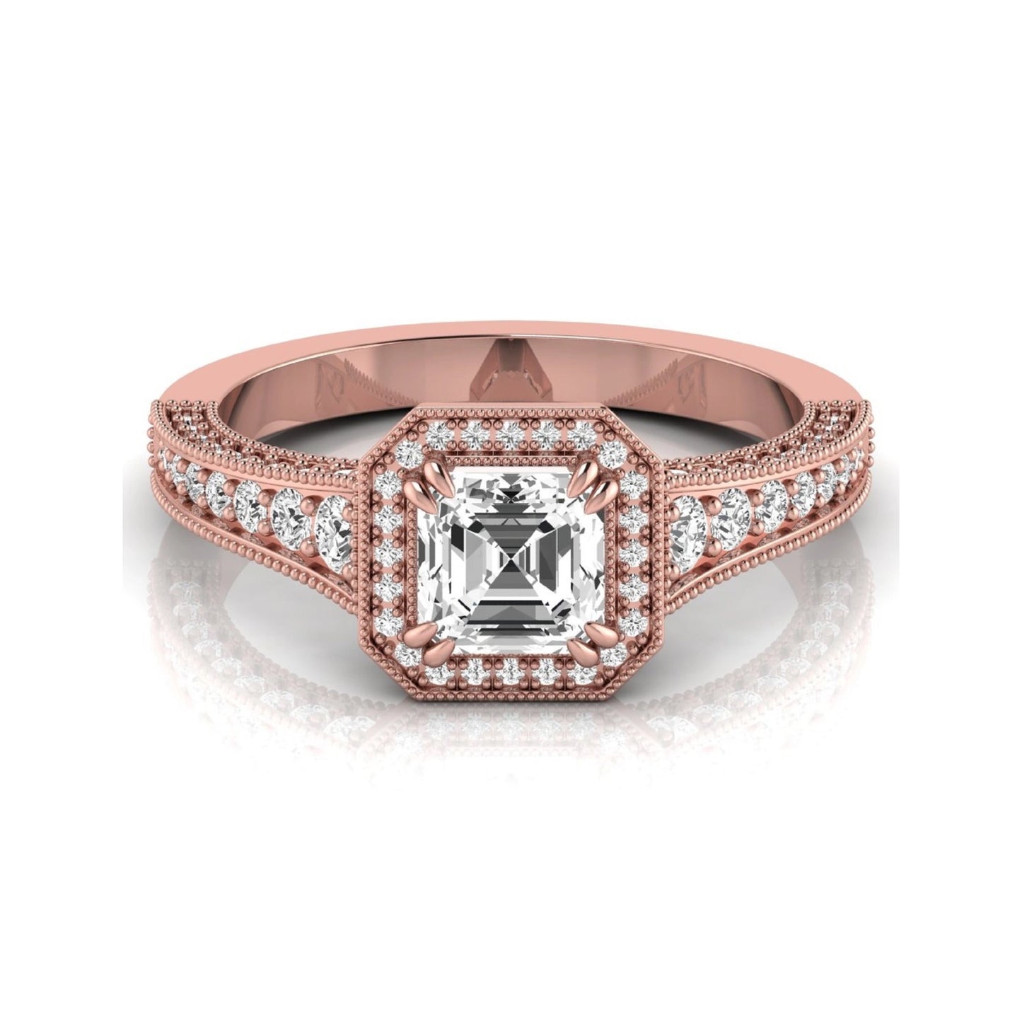Asscher cut lab grown diamond halo engagement ring featuring a 1.15 carat IGI certified center diamond with round diamond halo, milgrain detailing, and side diamonds in rose gold.