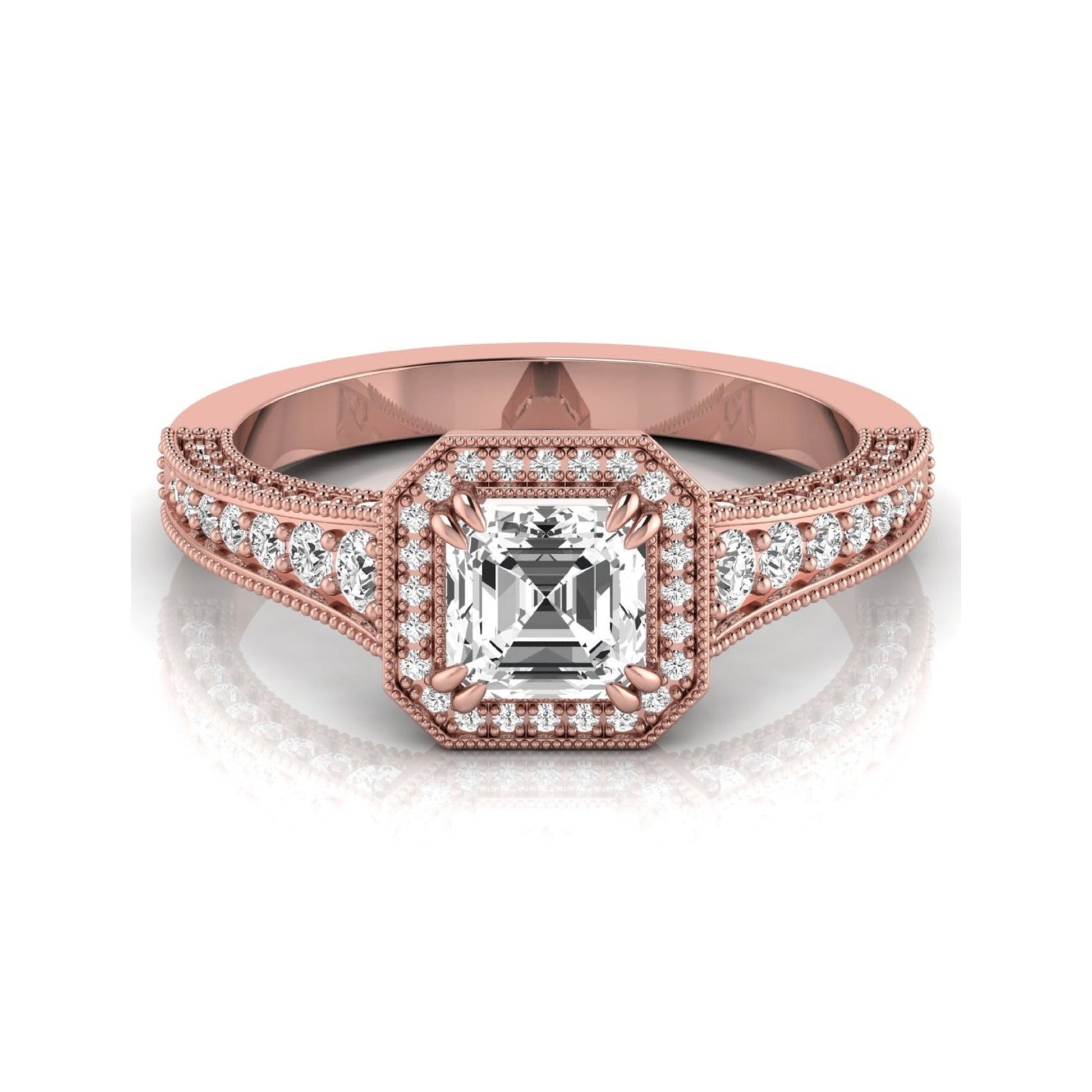 Asscher cut lab grown diamond halo engagement ring featuring a 1.15 carat IGI certified center diamond with round diamond halo, milgrain detailing, and side diamonds in rose gold.