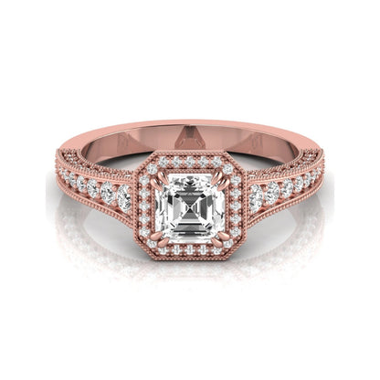 Asscher cut lab grown diamond halo engagement ring featuring a 1.15 carat IGI certified center diamond with round diamond halo, milgrain detailing, and side diamonds in rose gold.