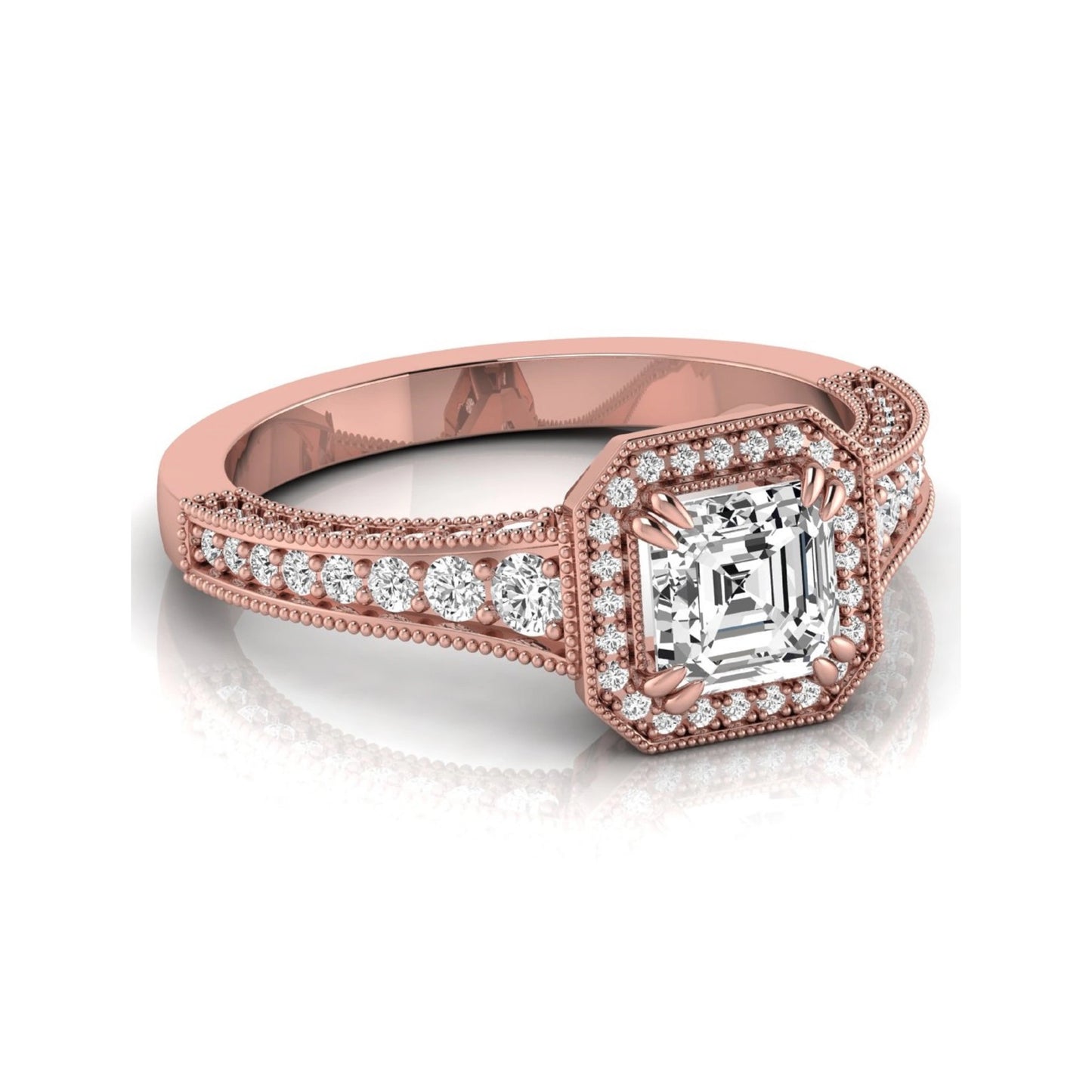 Asscher cut lab grown diamond halo engagement ring featuring a 1.15 carat IGI certified center diamond with round diamond halo, milgrain detailing, and side diamonds in rose gold.