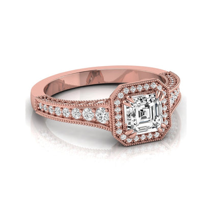 Asscher cut lab grown diamond halo engagement ring featuring a 1.15 carat IGI certified center diamond with round diamond halo, milgrain detailing, and side diamonds in rose gold.