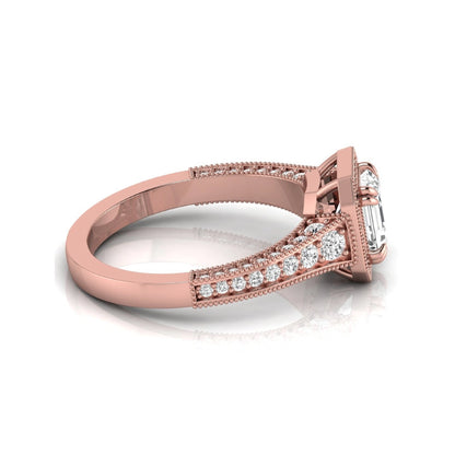 Asscher cut lab grown diamond halo engagement ring featuring a 1.15 carat IGI certified center diamond with round diamond halo, milgrain detailing, and side diamonds in rose gold.