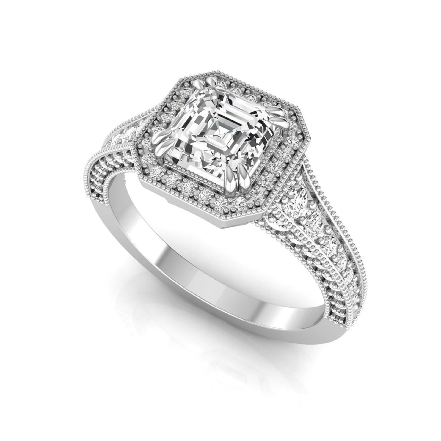 Asscher cut lab grown diamond halo engagement ring featuring a 1.15 carat IGI certified center diamond with round diamond halo, milgrain detailing, and side diamonds in white gold.