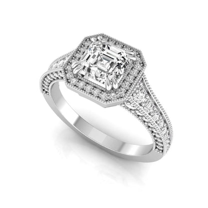 Asscher cut lab grown diamond halo engagement ring featuring a 1.15 carat IGI certified center diamond with round diamond halo, milgrain detailing, and side diamonds in white gold.