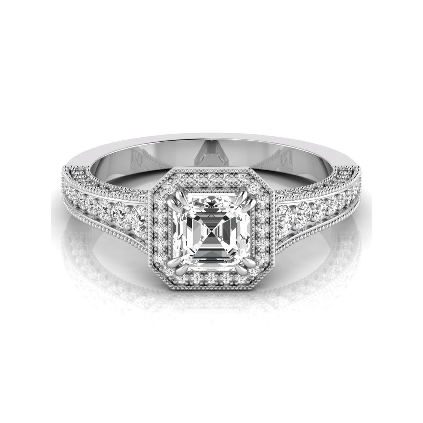 Asscher cut lab grown diamond halo engagement ring featuring a 1.15 carat IGI certified center diamond with round diamond halo, milgrain detailing, and side diamonds in white gold.