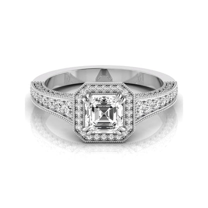 Asscher cut lab grown diamond halo engagement ring featuring a 1.15 carat IGI certified center diamond with round diamond halo, milgrain detailing, and side diamonds in white gold.