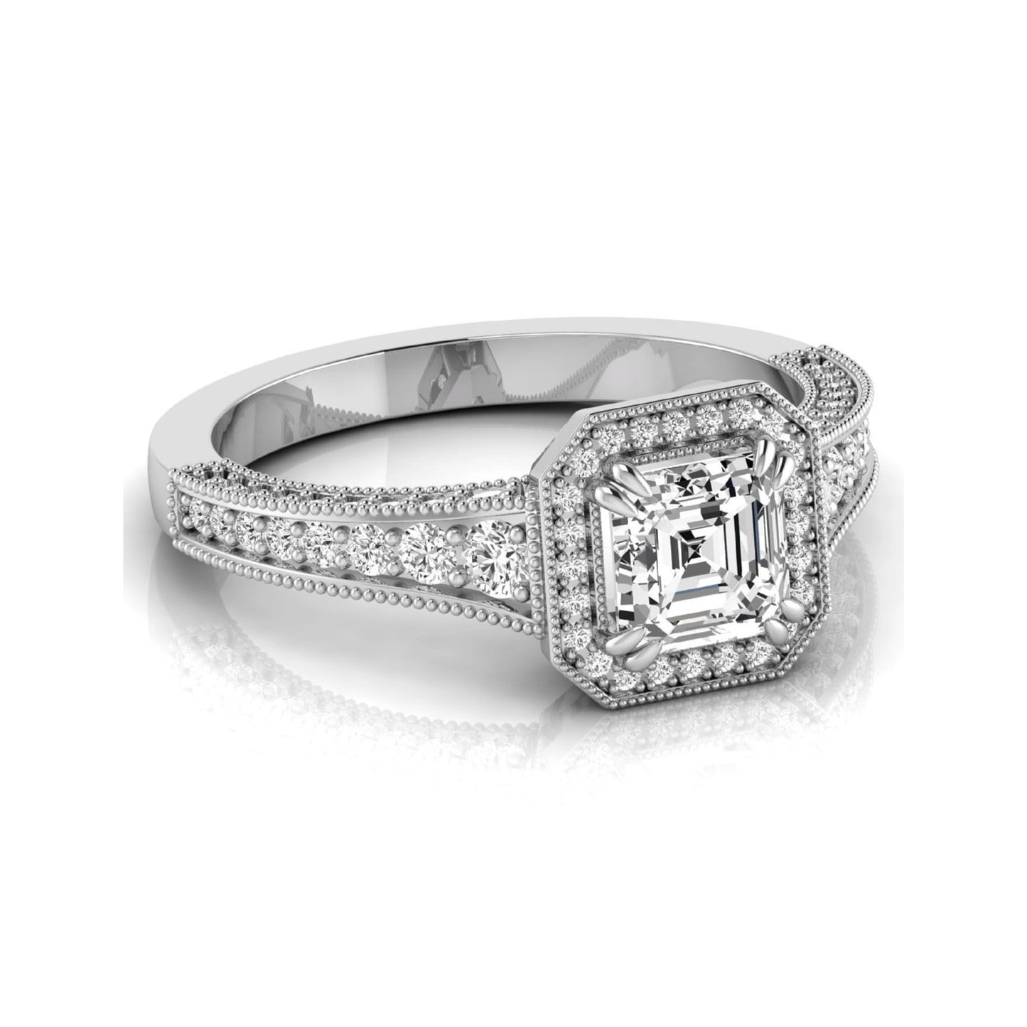 Asscher cut lab grown diamond halo engagement ring featuring a 1.15 carat IGI certified center diamond with round diamond halo, milgrain detailing, and side diamonds in white gold.