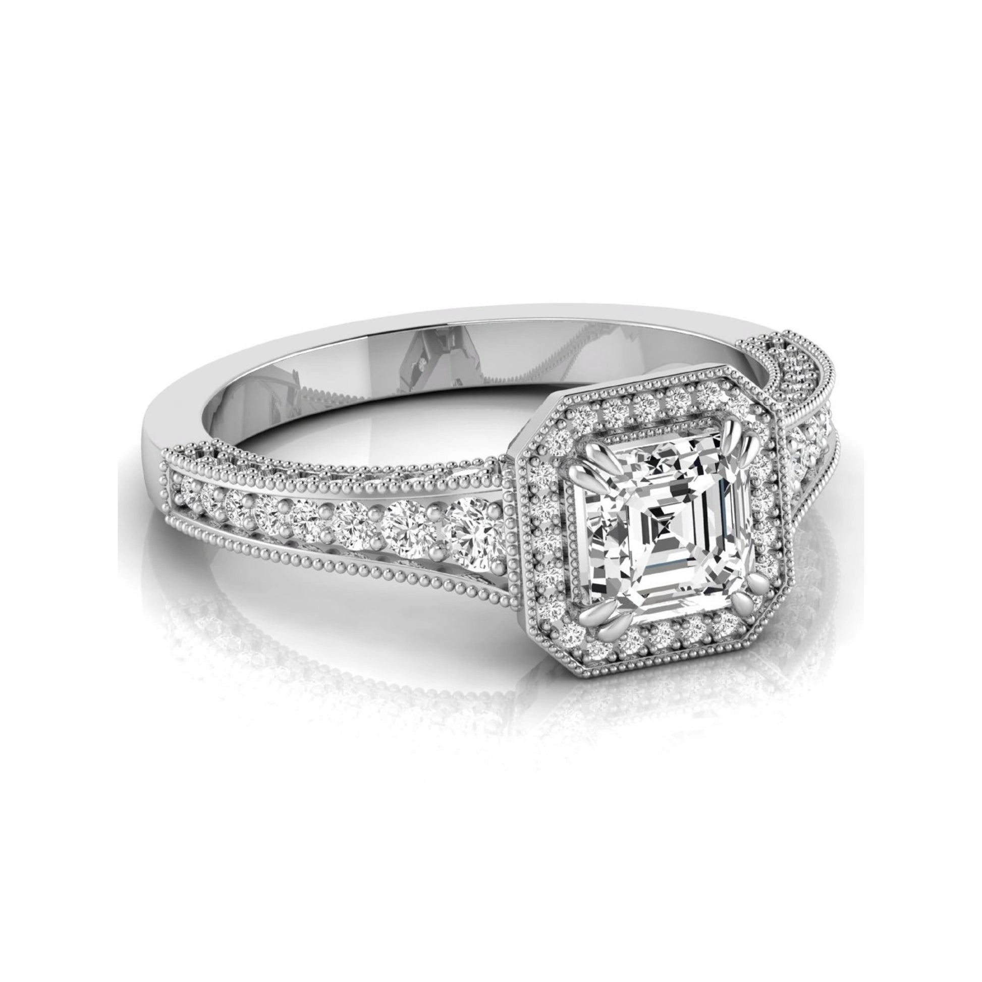 Asscher cut lab grown diamond halo engagement ring featuring a 1.15 carat IGI certified center diamond with round diamond halo, milgrain detailing, and side diamonds in white gold.