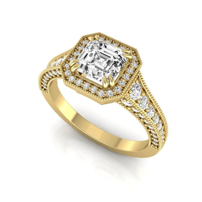 Asscher cut lab grown diamond halo engagement ring featuring a 1.15 carat IGI certified center diamond with round diamond halo, milgrain detailing, and side diamonds in yellow gold.