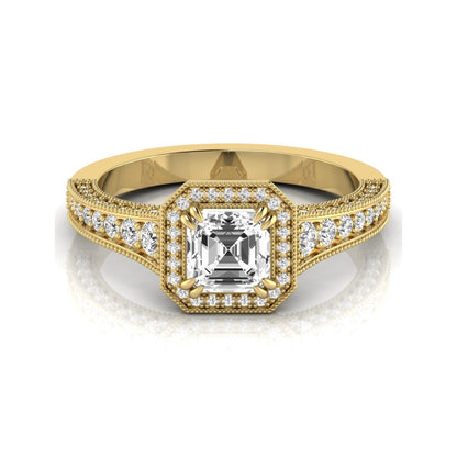 Asscher cut lab grown diamond halo engagement ring featuring a 1.15 carat IGI certified center diamond with round diamond halo, milgrain detailing, and side diamonds in yellow gold.