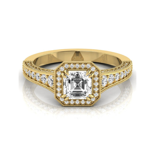 Asscher cut lab grown diamond halo engagement ring featuring a 1.15 carat IGI certified center diamond with round diamond halo, milgrain detailing, and side diamonds in yellow gold.