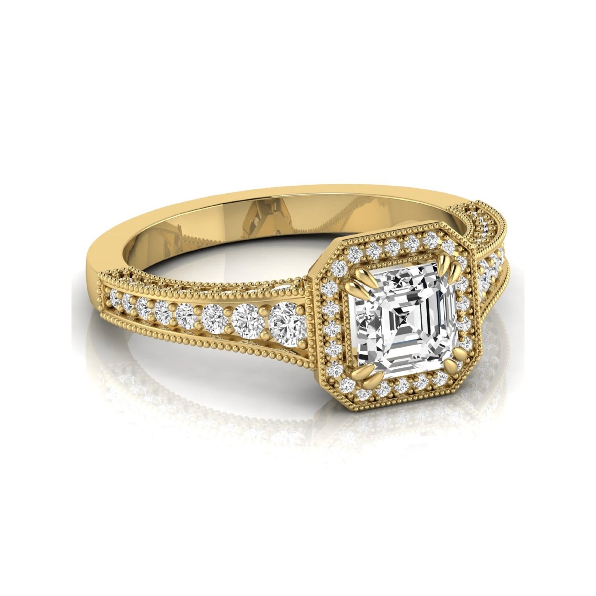 Asscher cut lab grown diamond halo engagement ring featuring a 1.15 carat IGI certified center diamond with round diamond halo, milgrain detailing, and side diamonds in yellow gold.