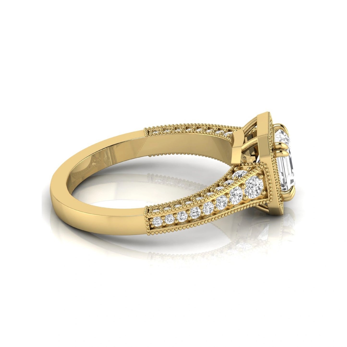 Asscher cut lab grown diamond halo engagement ring featuring a 1.15 carat IGI certified center diamond with round diamond halo, milgrain detailing, and side diamonds in yellow gold.