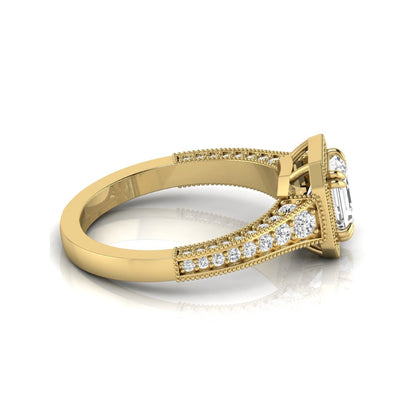 Asscher cut lab grown diamond halo engagement ring featuring a 1.15 carat IGI certified center diamond with round diamond halo, milgrain detailing, and side diamonds in yellow gold.