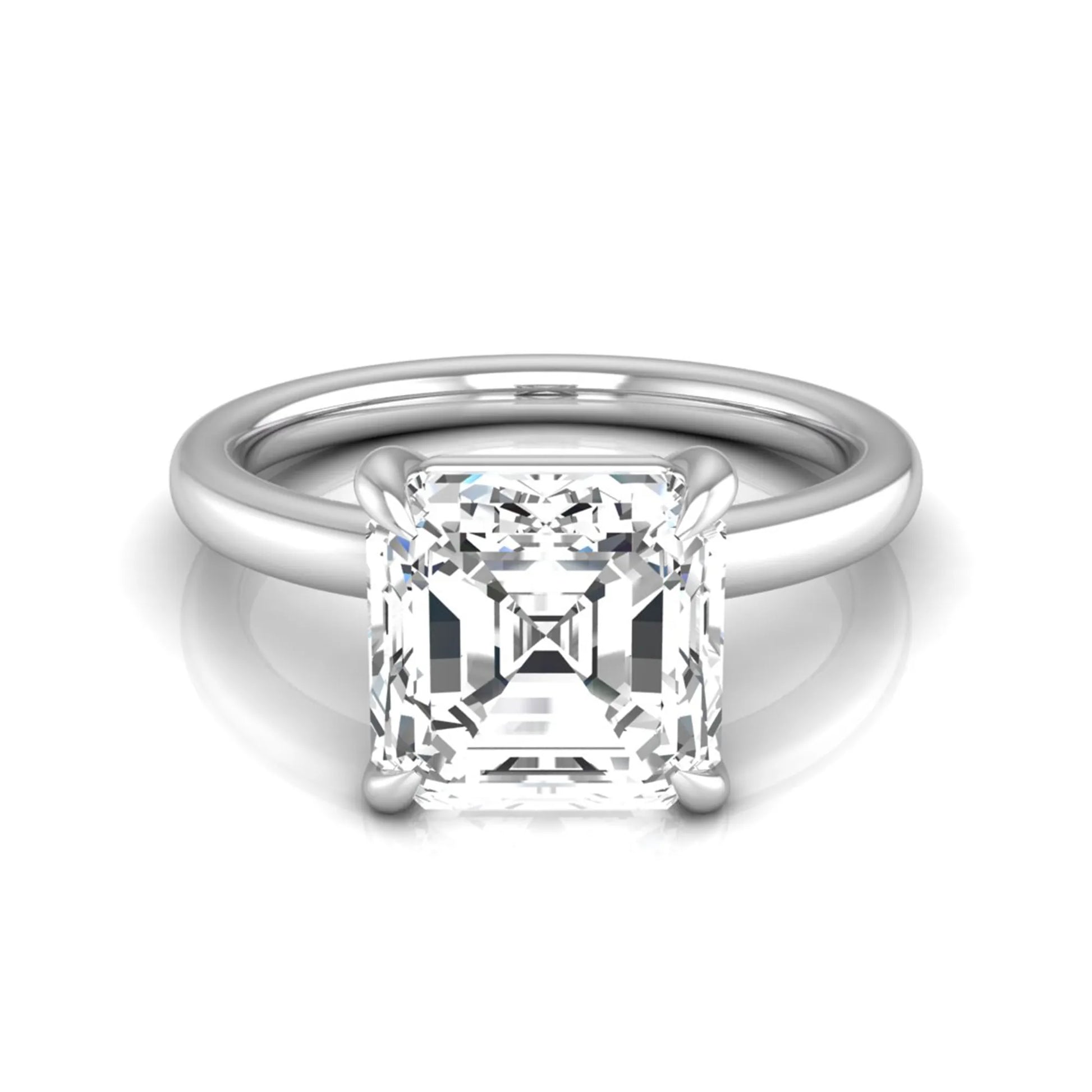 Asscher cut lab grown diamond solitaire engagement ring featuring a classic four-prong setting with a white gold tone band.